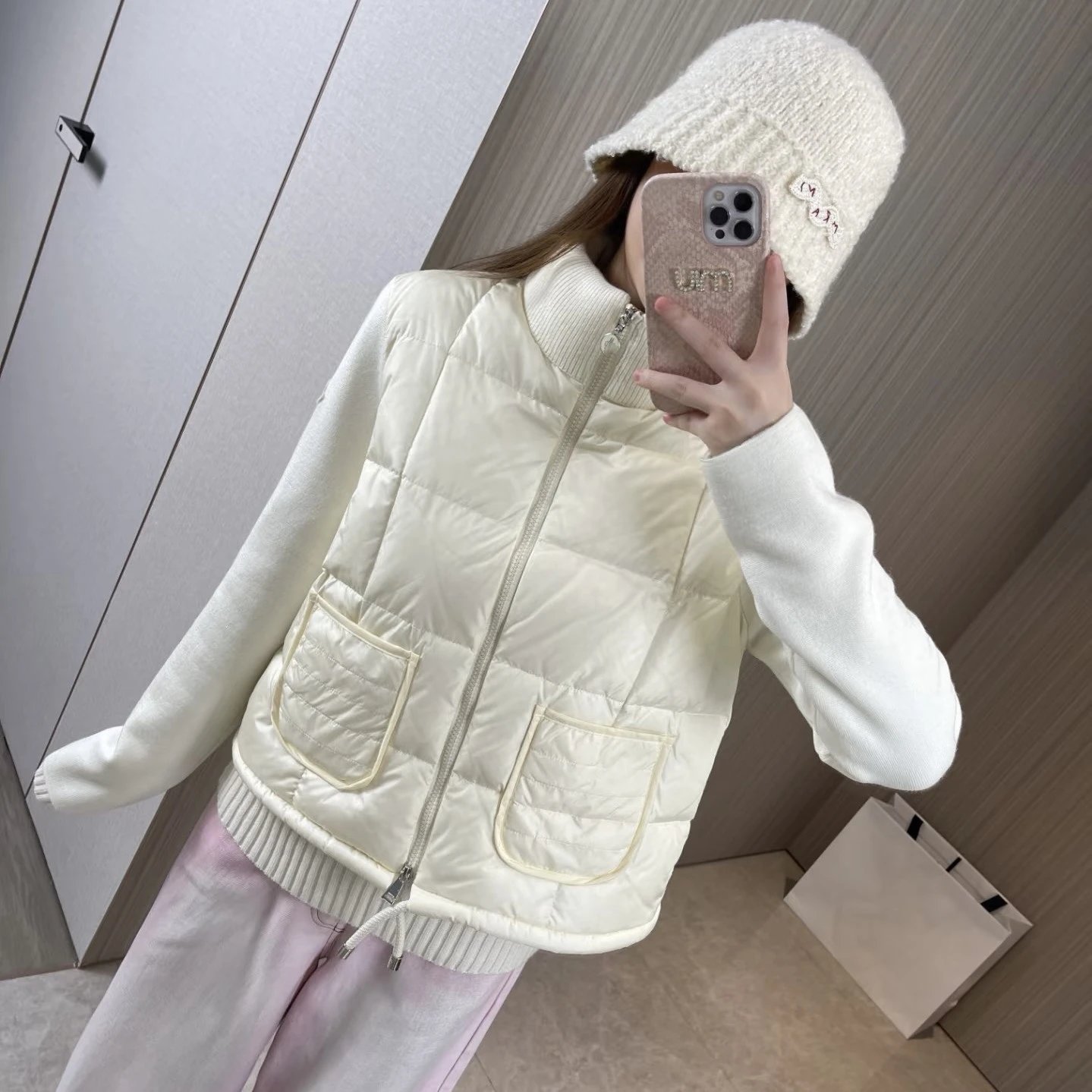 Moncler Stand Collar Knit Panel Doll Style Short Women's Down Jacket