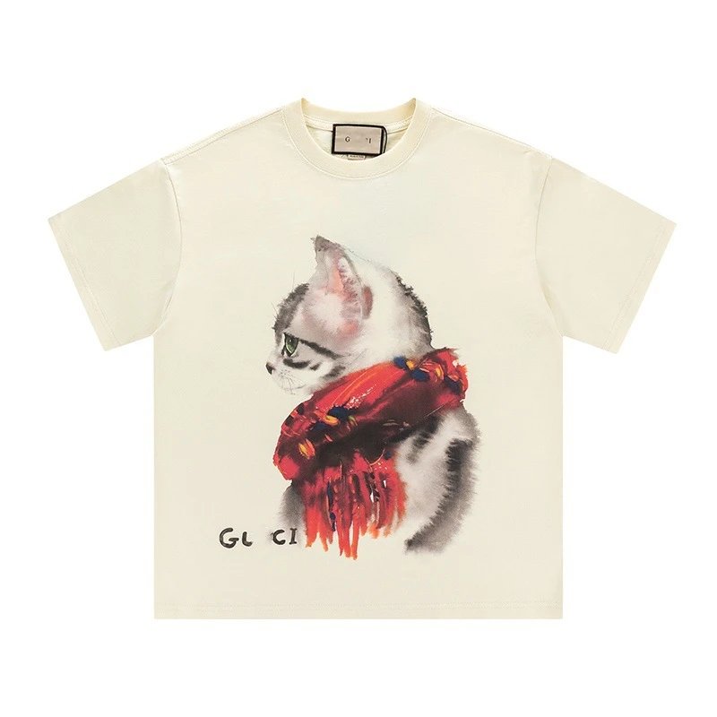New Gucci Cartoon Series Kitten Print Minimalist Solid Color Short Sleeve T-shirt Top Unisex-8