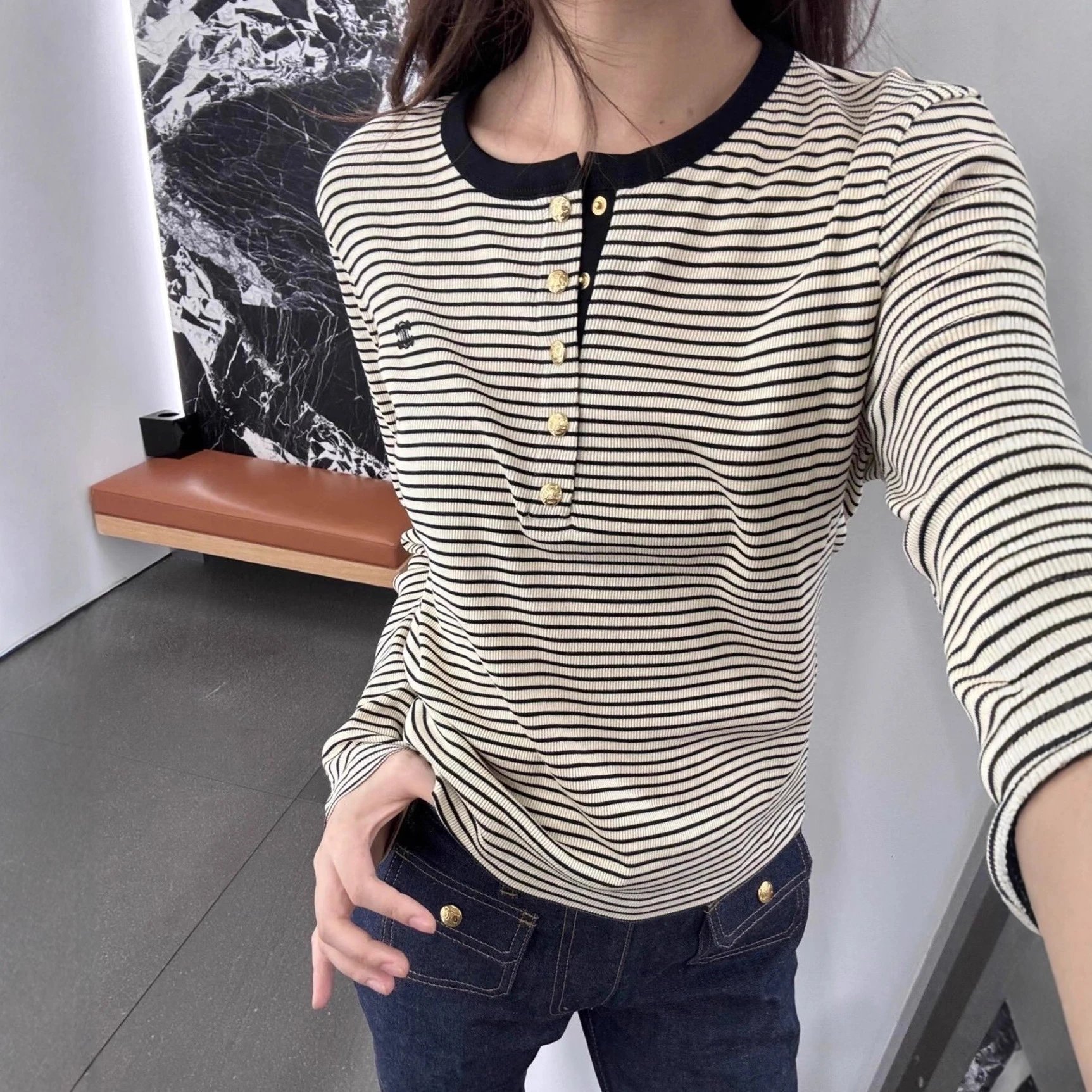 2025 new style CELINE style embroidery stripe color block long sleeve T-shirt base layer