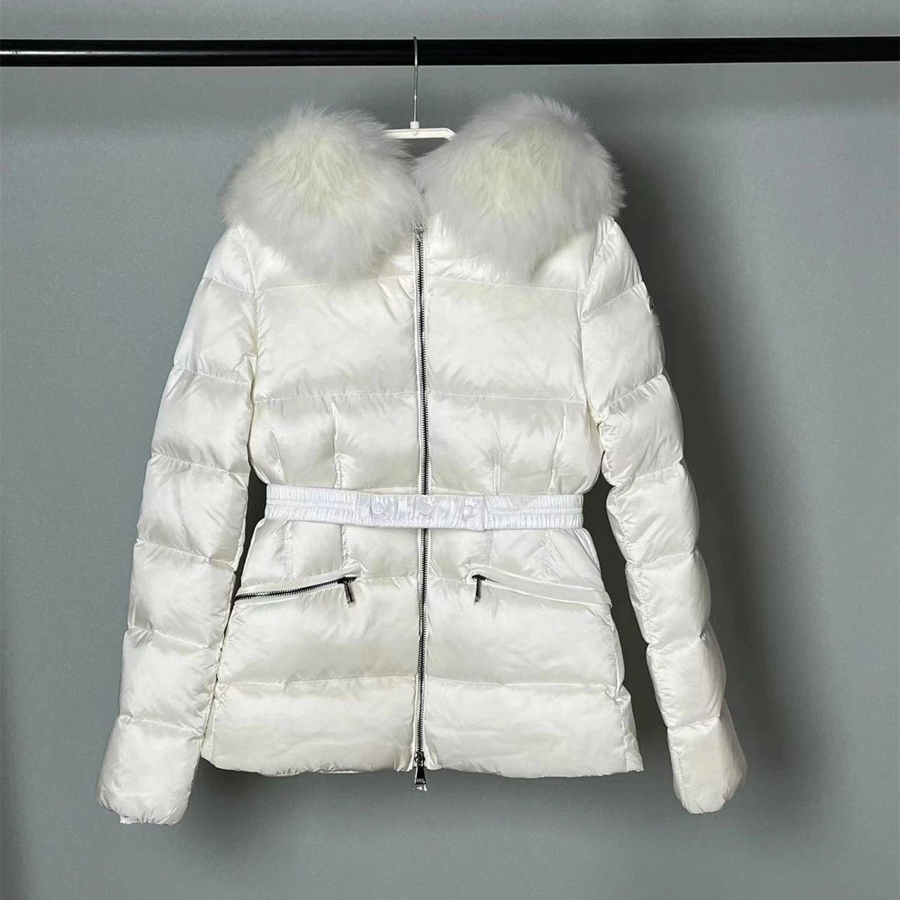 Moncler 25 Autumn Winter New Style Hooded Belted Fur Collar Waist Accentuating 90% White Duck Down Jacket