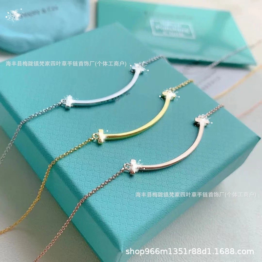 Tiffany Smile Necklace, Diamond-studded Smiley Face Pendant, Plated 18K Rose Gold Collarbone Chain, Correct Version Necklace