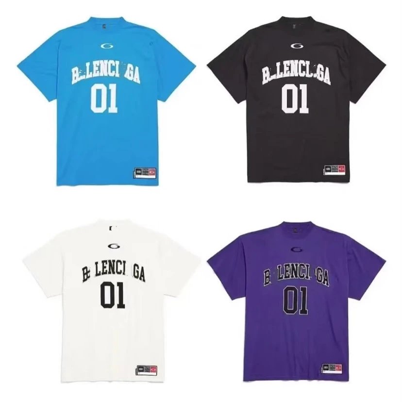 2025 Summer New balenciaga Basketball No.01 Embroidered Letter Unisex Small Collar Short Sleeve T-shirt