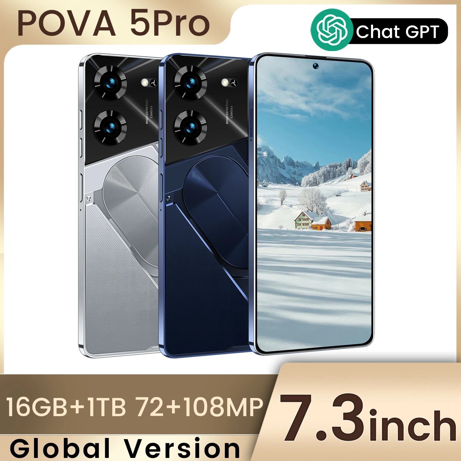 Phone Pova5 Pro Android 14 Punch-Hole Screen 7.3 Inch Large Screen Smartphone 5G