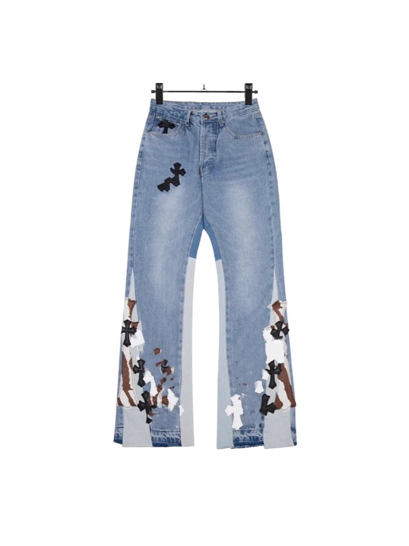 Chrome Hearts Heavy Duty Horsehair Patch Flared Leather Label Jeans Unisex