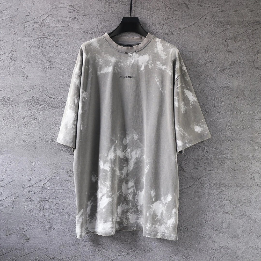 Balenciaga Mud Dye Paint Distressed Heavy Duty Wash Letter Embroidery Short Sleeve T-shirt Unisex