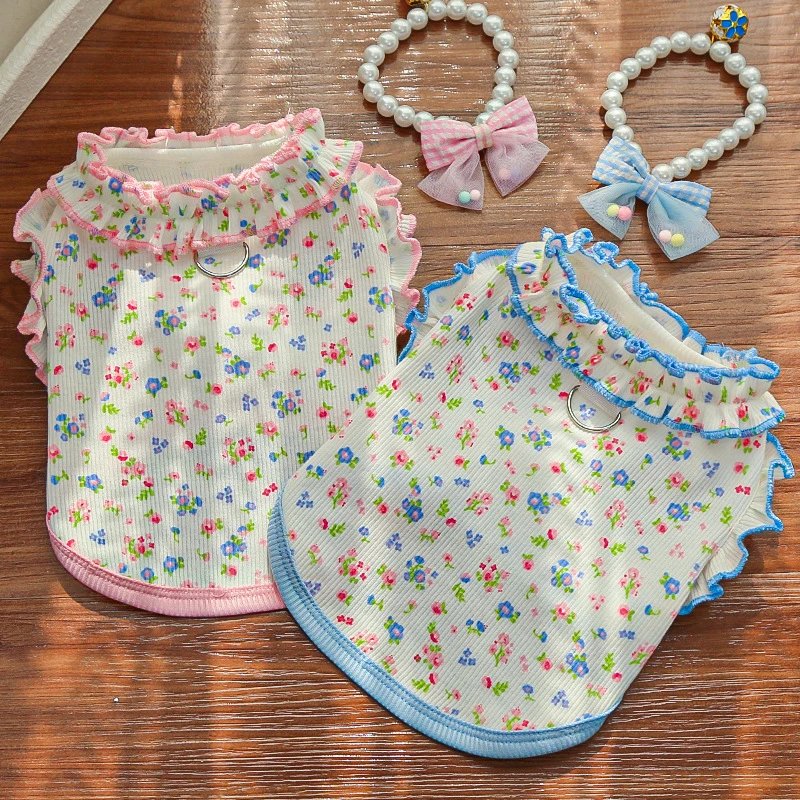 Spring Summer New Ruffle Rolled Hem Floral Dog Cat Pet Cat Clothing Dog Supplies Munchkin Bichon
