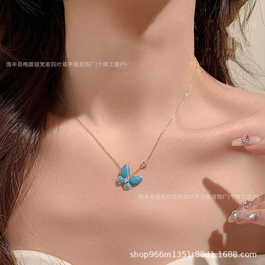 Plated 18k Gold Imitation Turquoise Butterfly Necklace Collarbone Chain, Fashion Versatile Exquisite Sweet Style, Gift for Friend Version, Temperament