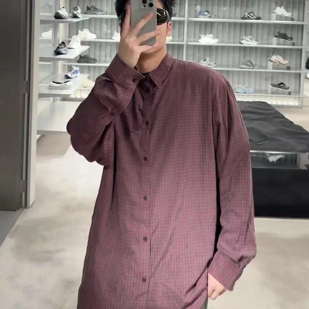 SS25 New Balenciaga Internet Famous Plaid Lapel Long Sleeve Shirt Unisex Cardigan