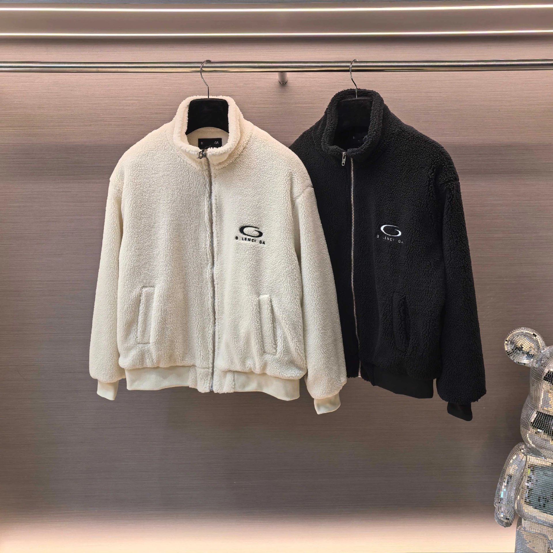Balenciaga Ring Letter Embroidered Teddy Stand Collar Lamb Fur Warm Jacket for Men and Women