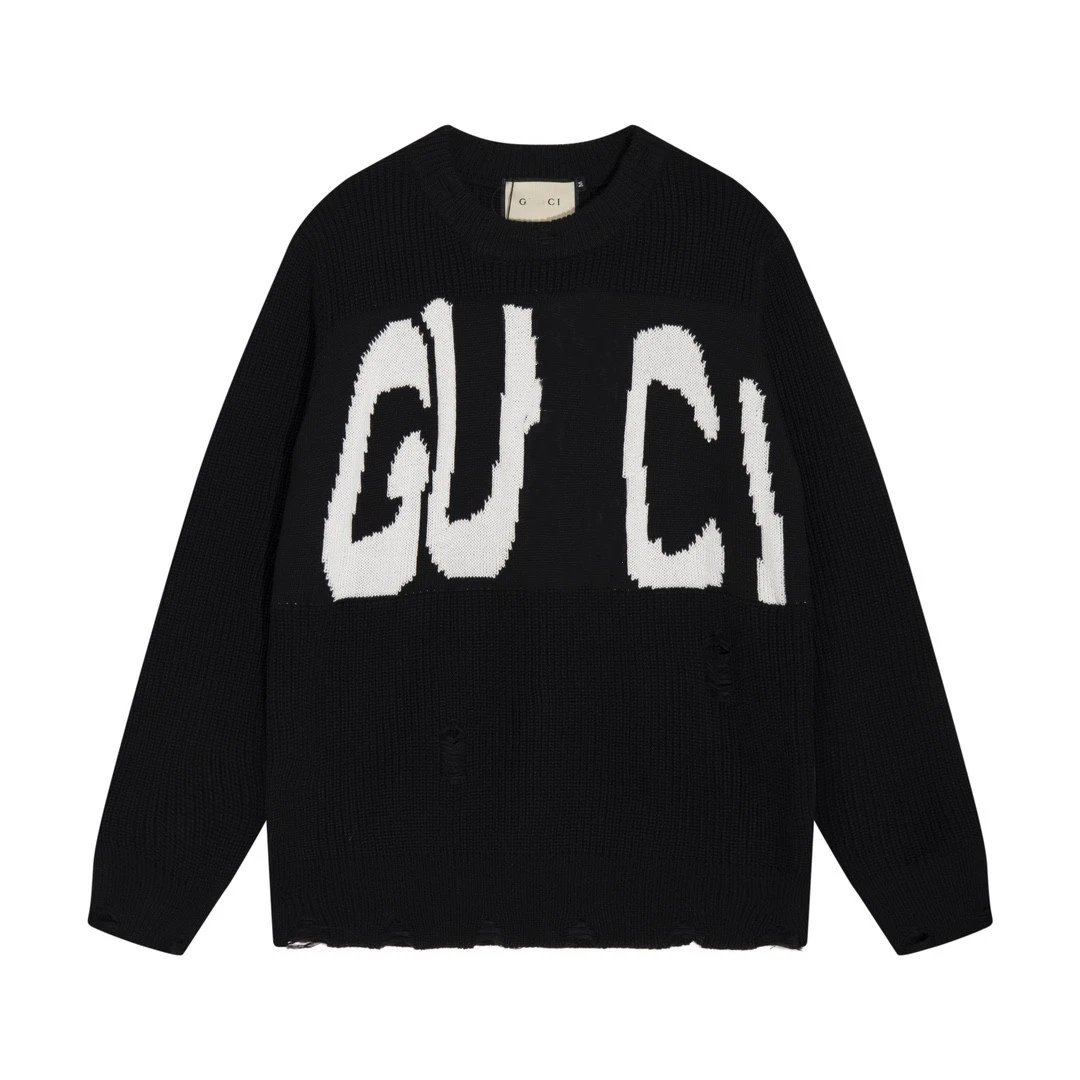 Gucci Balenciaga collaboration style front and back letter crewneck wool knit sweater