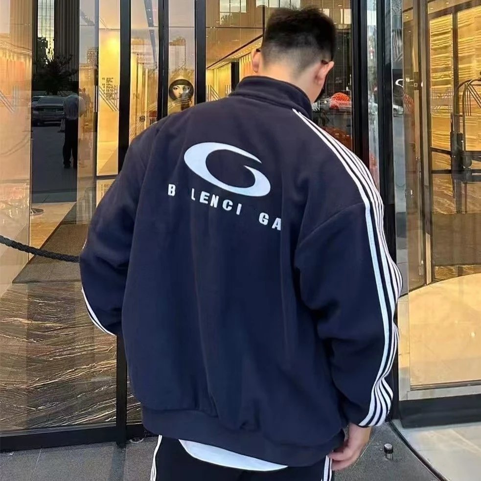 Balenciaga Internet Famous Letter Embroidery Five Stripe Sherpa Stand Collar School Jacket