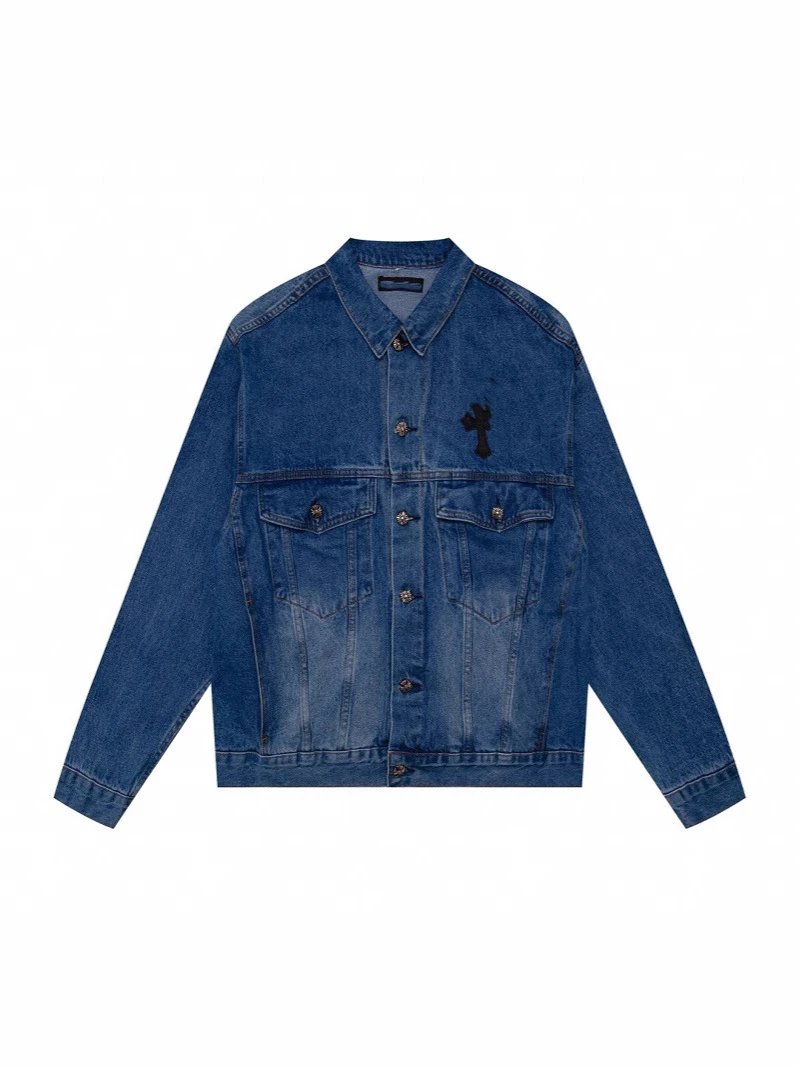 American High Street Brand CH Full Logo Patch Leather Couple Washed Denim Jacket Unisex