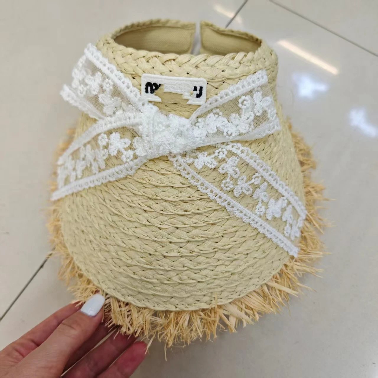 Correct Letter Miu Miu Elegant Bow Headband Hat Women Summer Sun Hat Outdoor Breathable Frayed Hat