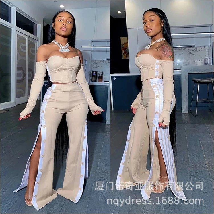 N396 Spring Summer Two-Piece Set Long Sleeve Top Button Pants Fashion Sportswear