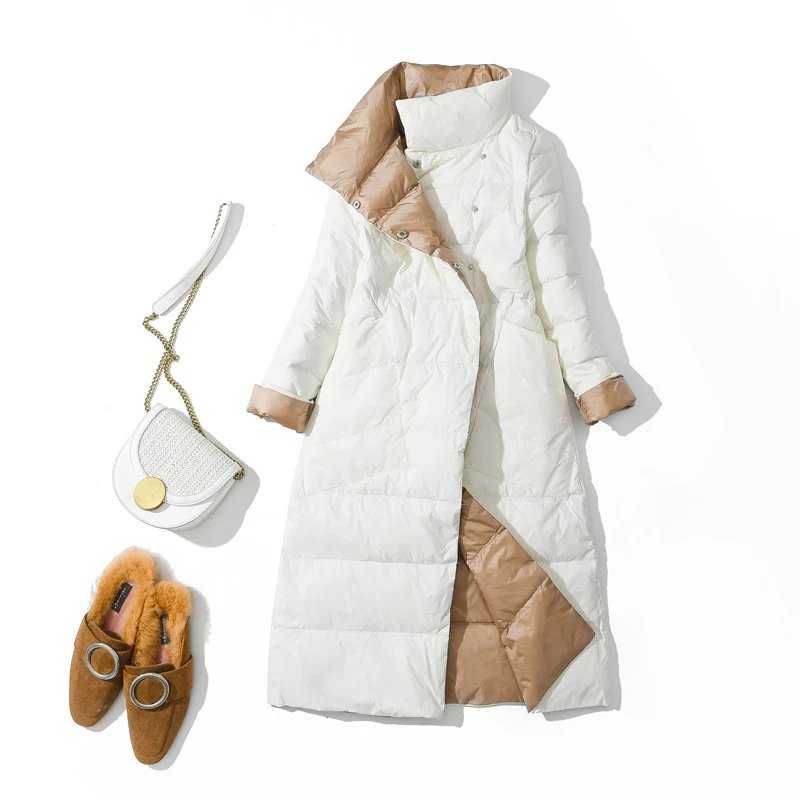 Reversible Women's Down Jacket Medium Long Stand Collar White Duck Down Lightweight Warm Outerwear