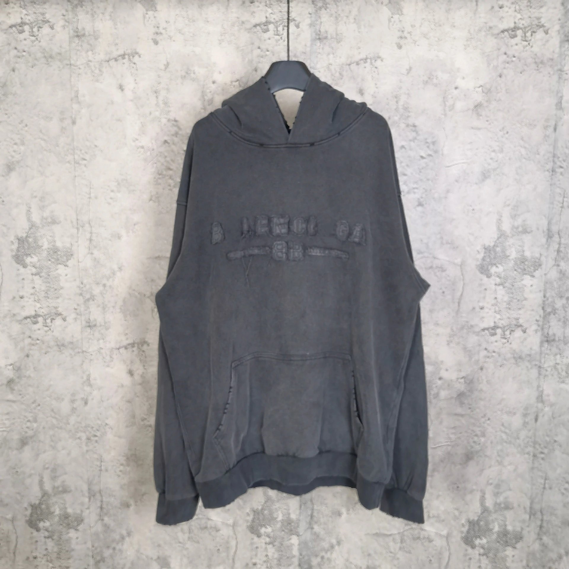 Balenciaga emblem letter patch embroidery washed black distressed hooded pullover sweatshirt