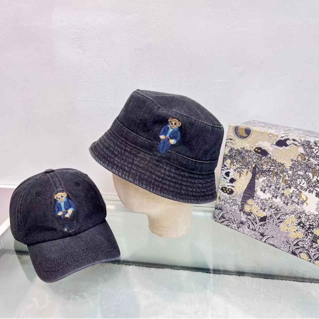 Vintage Washed Denim Bucket Hat Spring Summer Embroidery Sun Protection Wide Brim Versatile Bucket Hat
