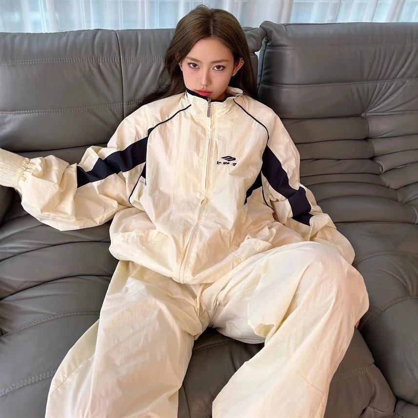 Balenciaga Embroidery Letter INS Internet Famous Spliced Color Block Sport School Trench Windbreaker Suit