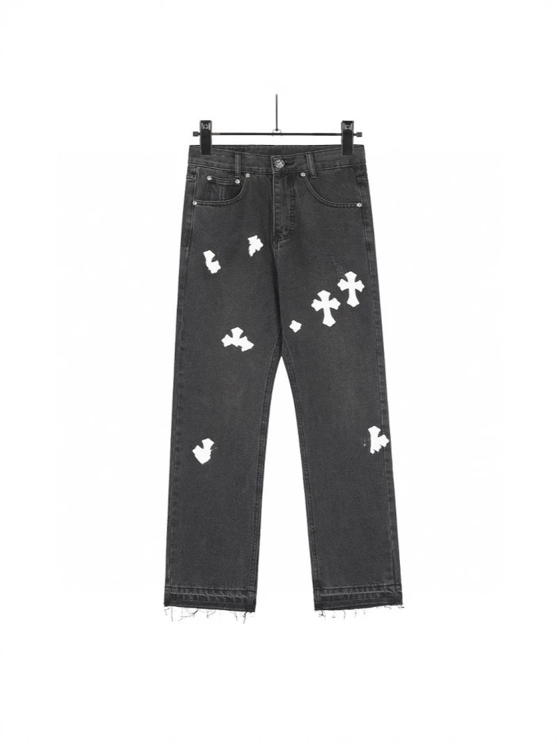 Chrome Hearts Classic Black Pants White Cross Patch Jeans Loose Casual