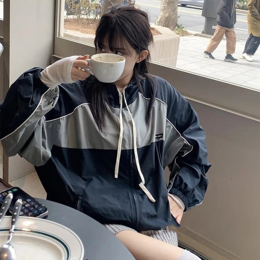 Miu Miu retro spliced color block embroidery celebrity internet celebrity style campus windbreaker jacket outerwear men's and women's