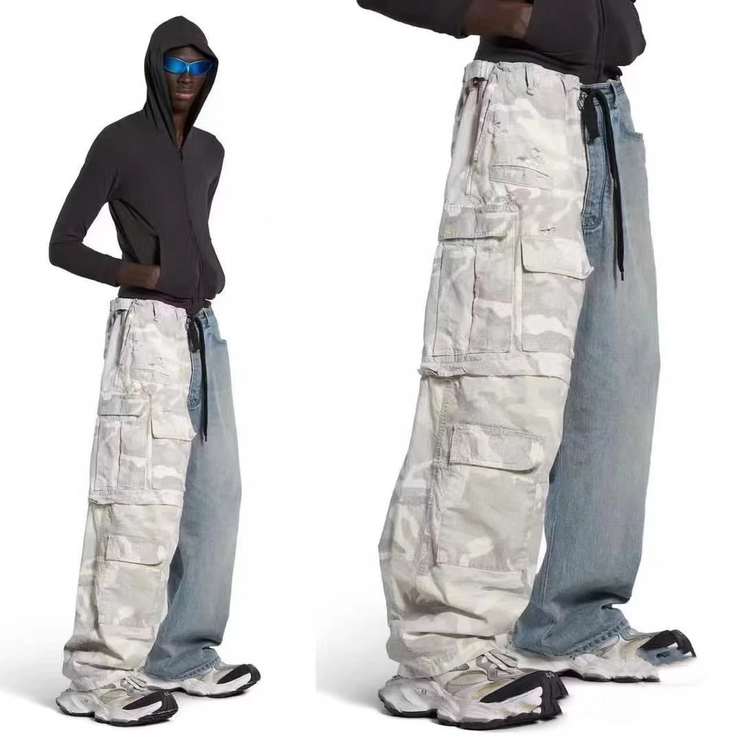 Balenciaga Camo Plaid Fabric Cargo Pants Patch Denim Fabric Loose Detachable Pants