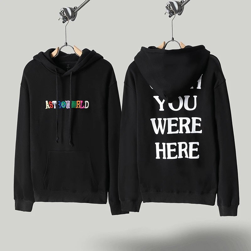 Travis Scott TS rainbow letter embroidery fleece-lined hooded sweatshirt men's and women's couple style trendy loose