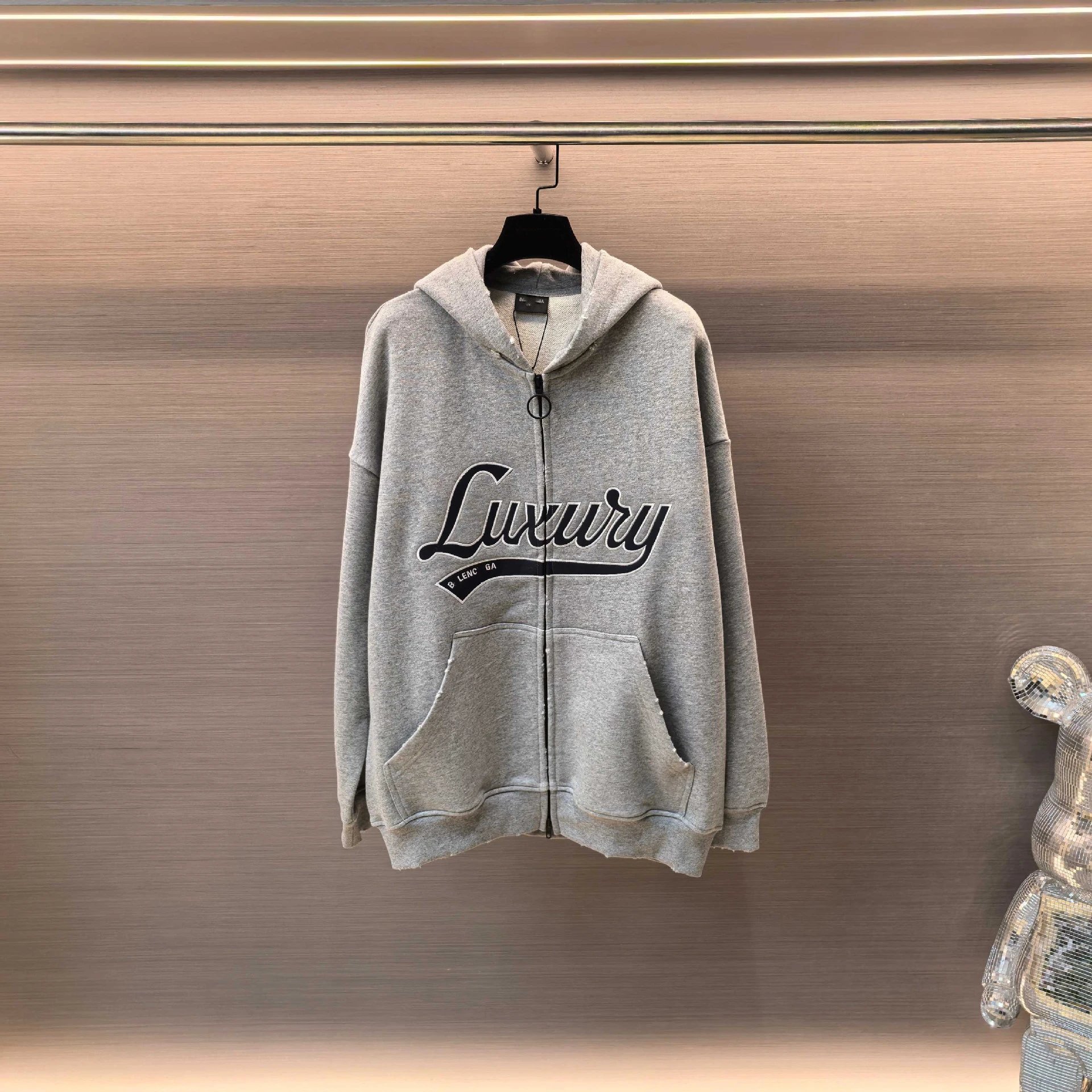 2025 New Balenciaga Patch Leather Embroidery Relaxed Grey Distressed Hoodie Jacket Unisex