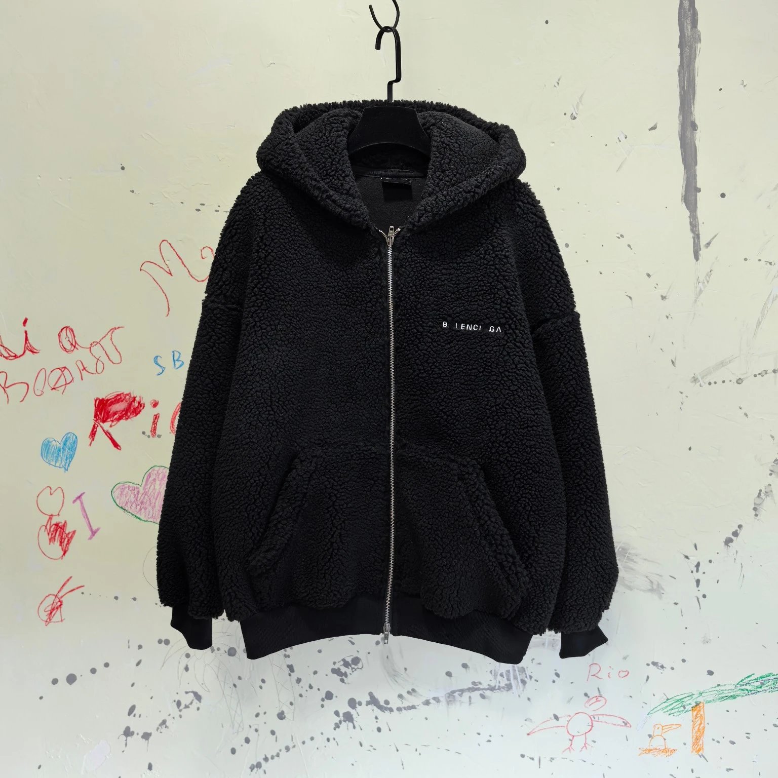 Balenciaga Letter Embroidered Teddy Hooded Warm Lamb Fur Jacket for Men and Women
