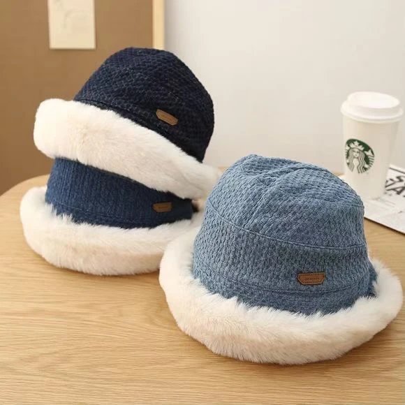 Autumn Winter Thick Warm Bucket Hat Women Cute Face Slimming Wind Protection Ear Warmer Cold Hat