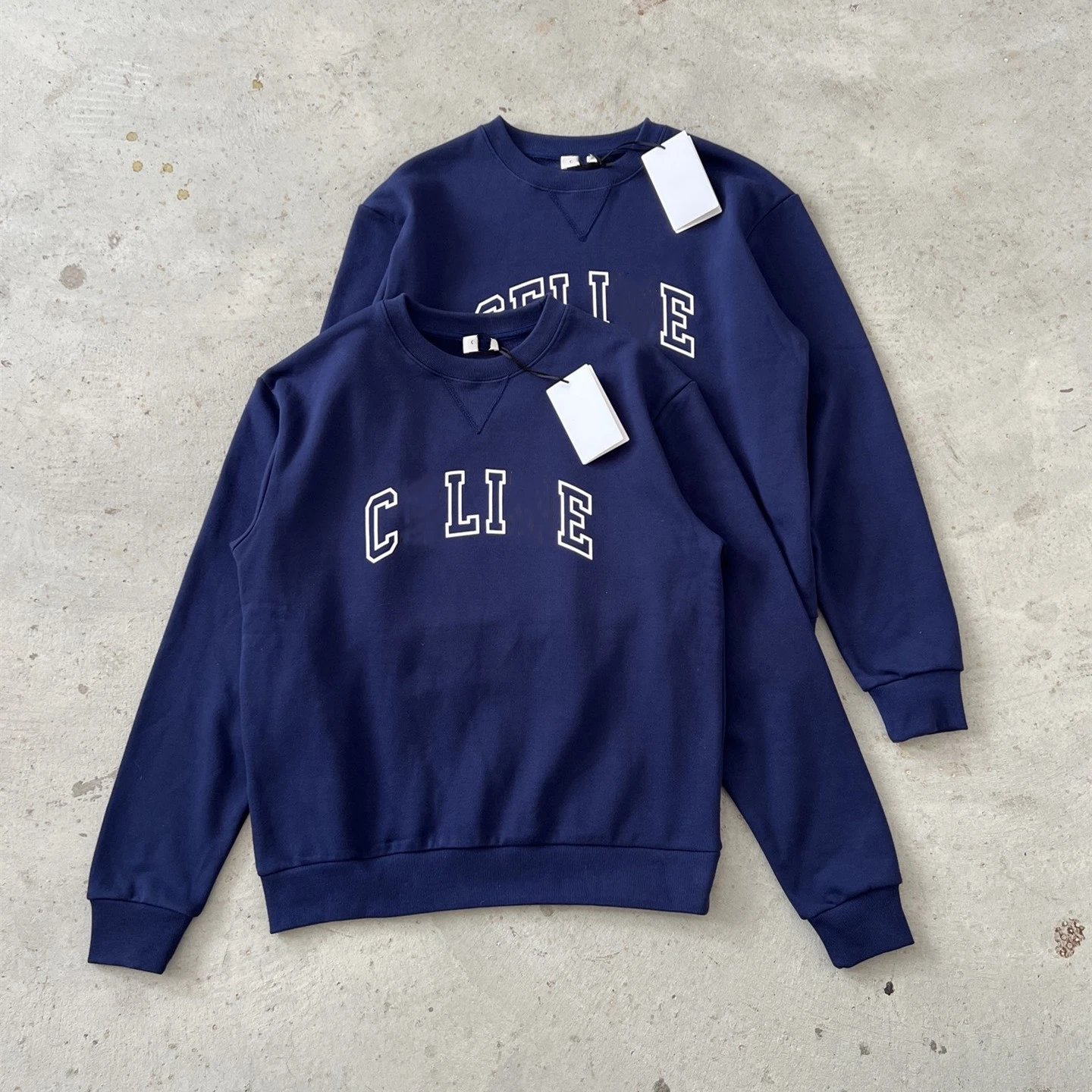 CELINE navy blue chest letter hollow flocked pullover terry sweatshirt men's and women's