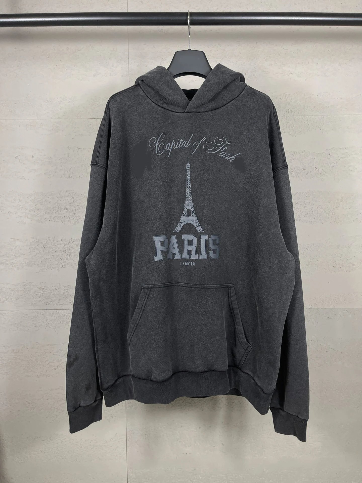 24ss Balenciaga Front Tower Art Print Wash Distressed Hoodie Loose Casual Unisex Hooded Sweatshirt