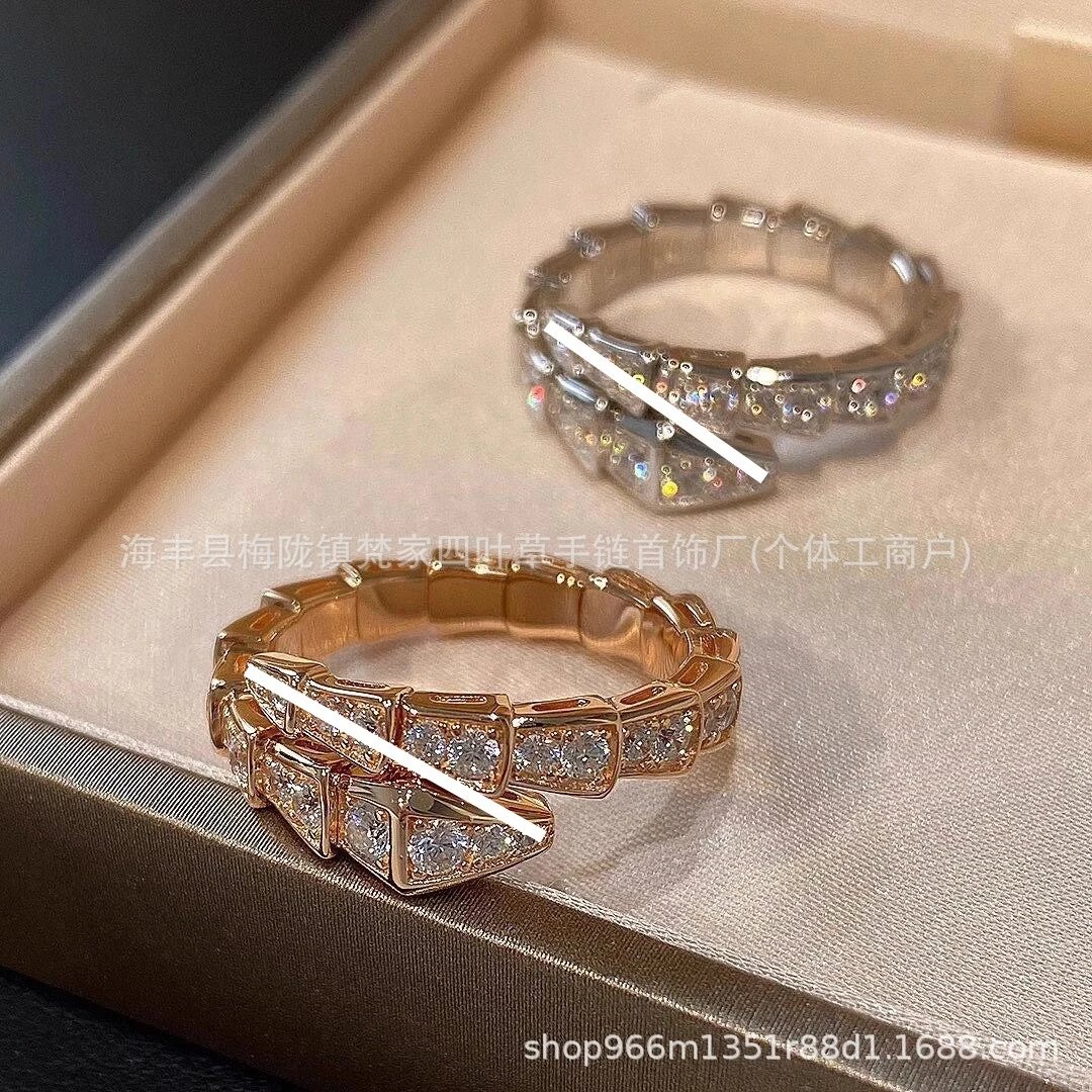 Bulgari 18k Gold Full Diamond Snake-shaped Spring Ring for Women, Narrow Version High-End, Diamond-studded Snake Bone Ring