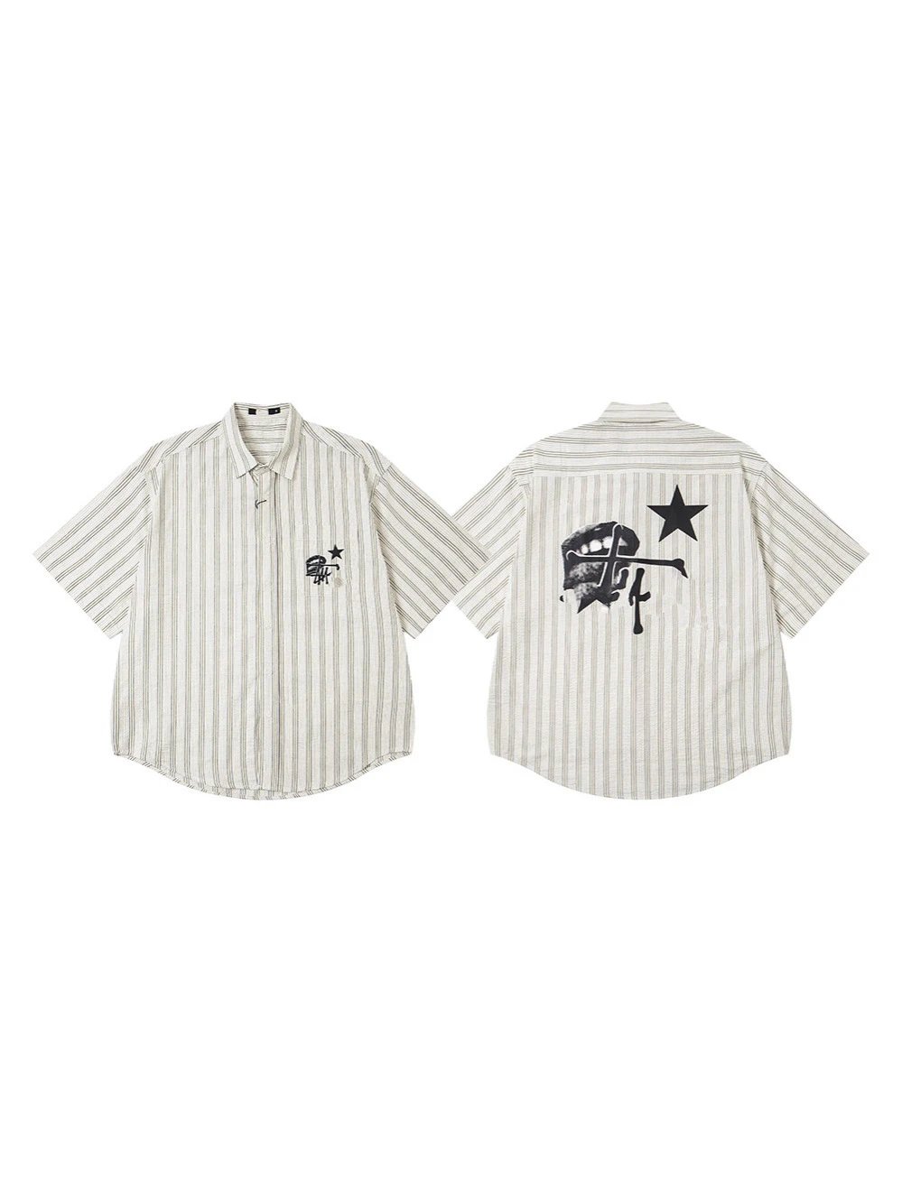 25S Classic Print Lapel Short Sleeve Shirt Unisex Loose Casual Style Ins Shirt