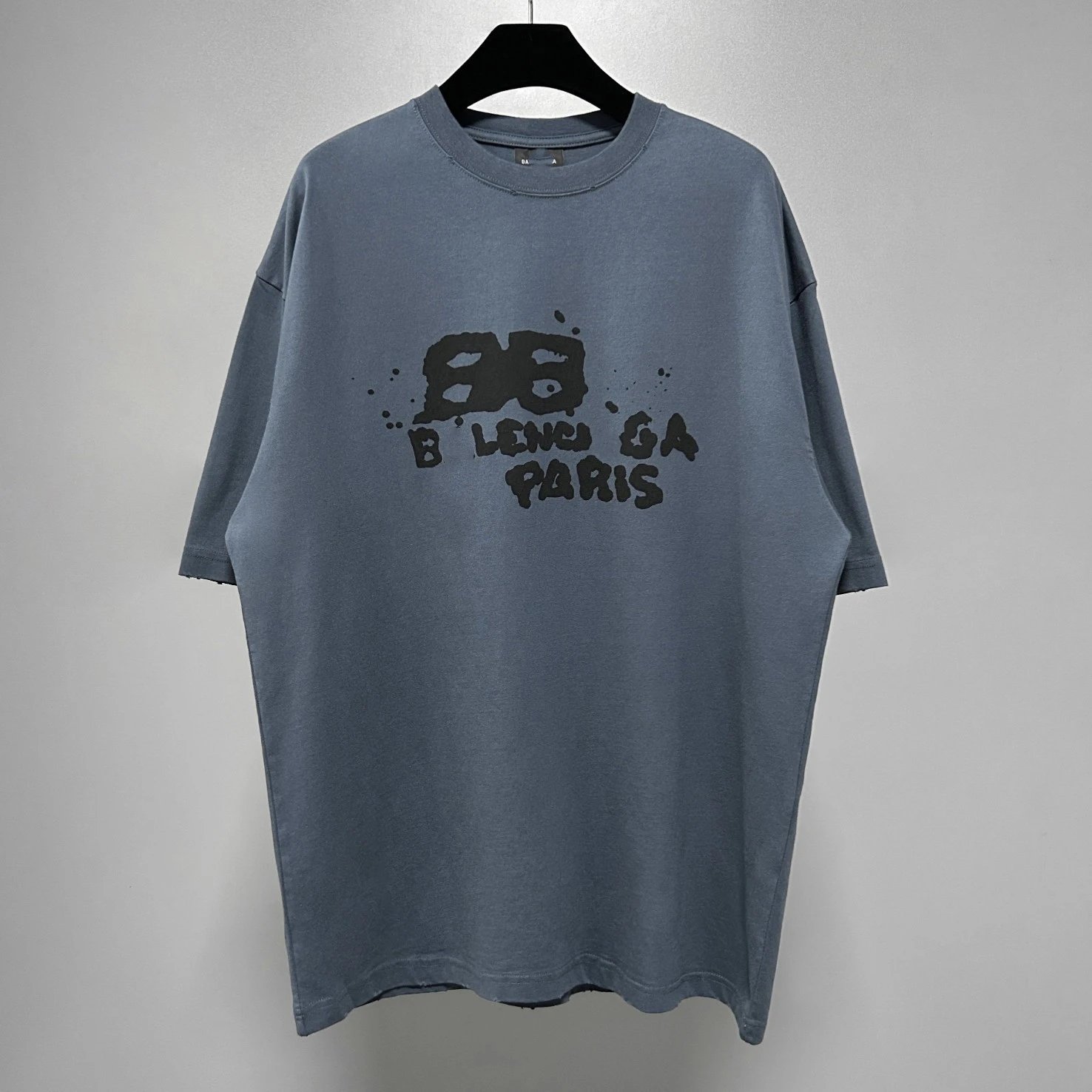 New Balenciaga BB Graffiti Letter Print Unisex Loose Distressed Small Neckline Short Sleeve