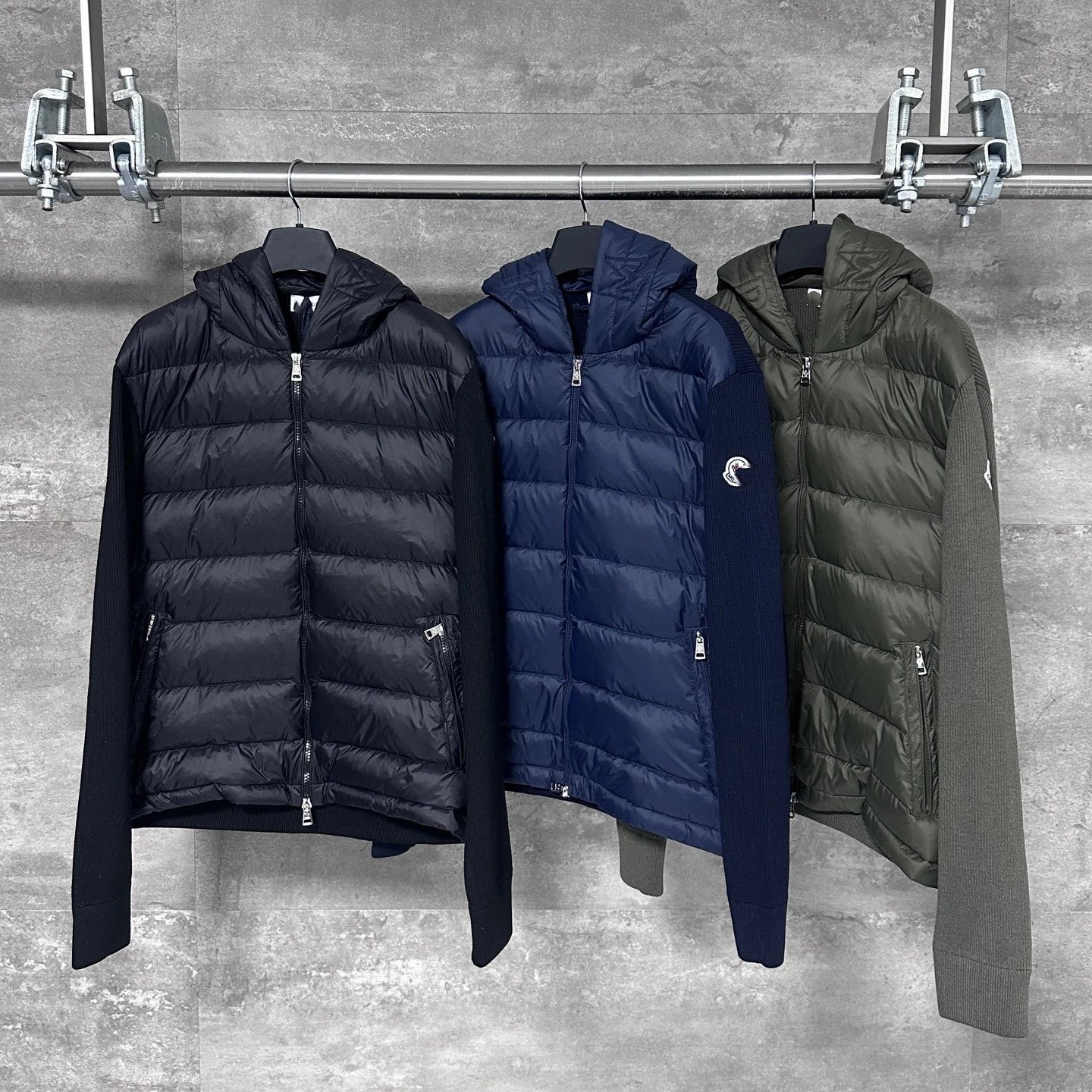Moncler Embroidered Zipper Wool Knit Panel Hooded Down Jacket for Men and Women