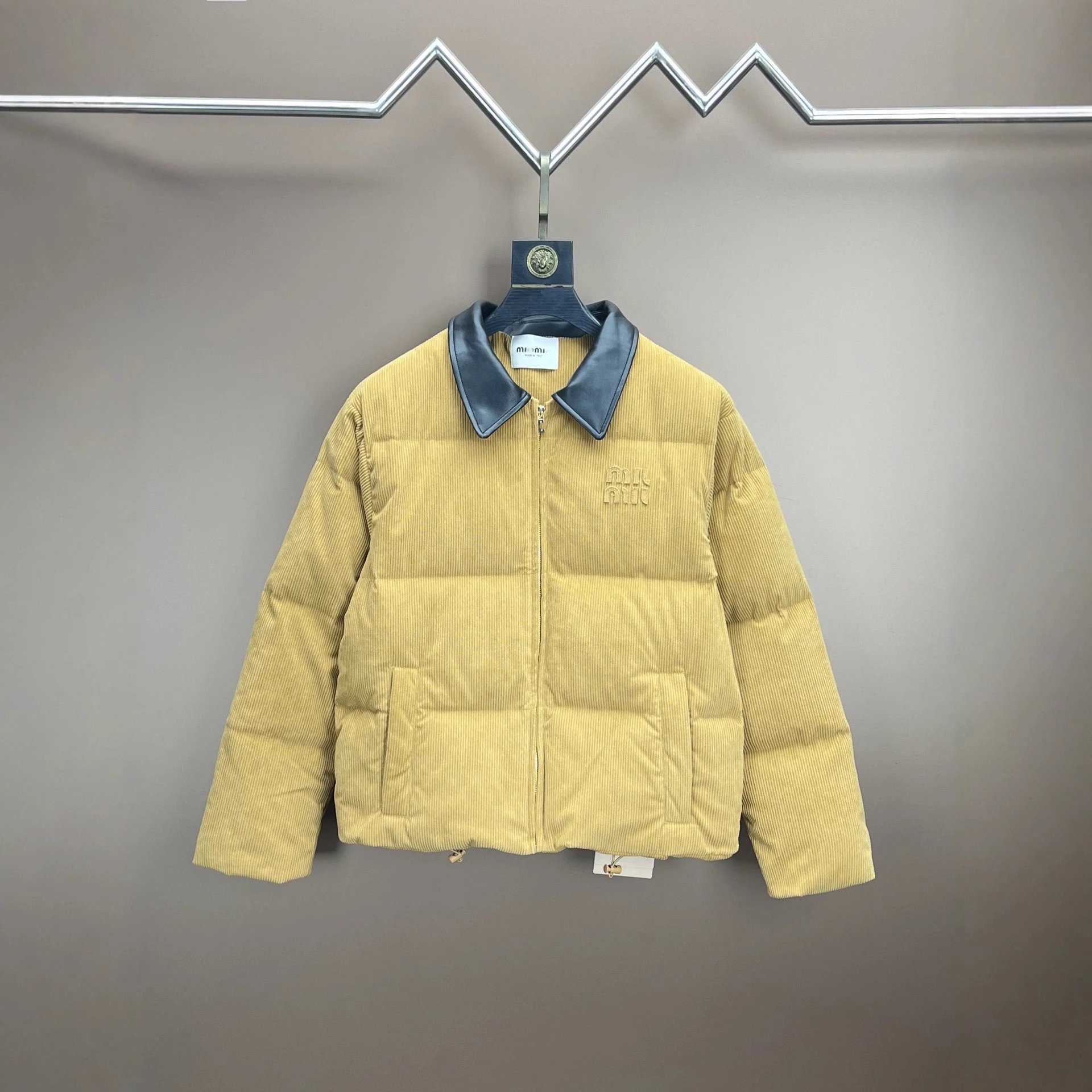 Miu Miu Classic Letter Patch Corduroy 90% White Down Leather Collar Puffer Jacket