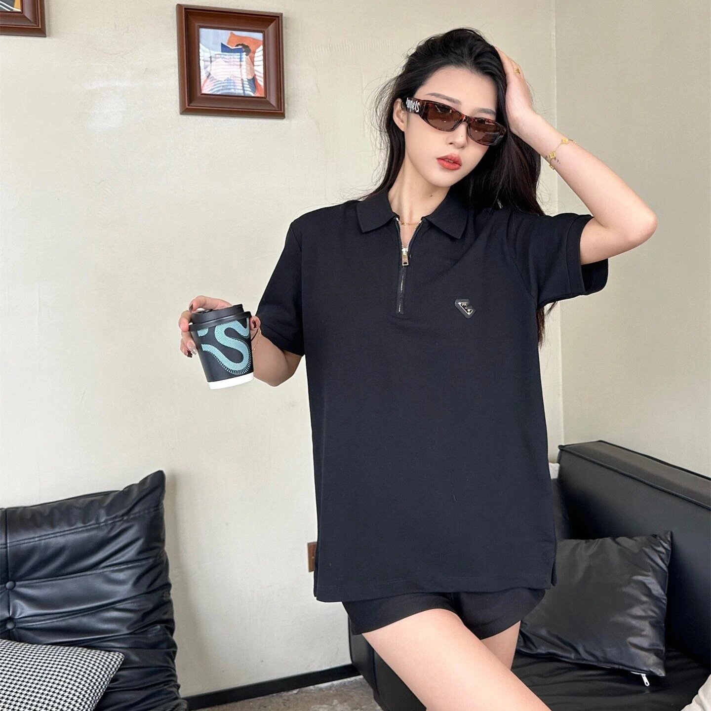 2025 New Prada Emblem Zipper Lapel Polo Shirt Short Sleeve T-shirt