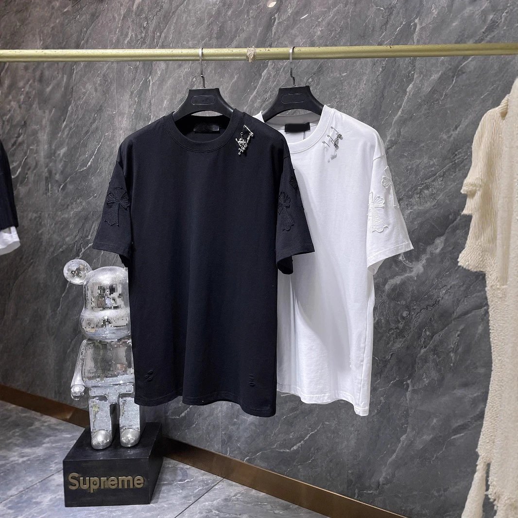 2025 Chrome Hearts Hole Patch Needle Embroidery Handmade Patch Short Sleeve T-shirt Loose Casual Unisex Couples