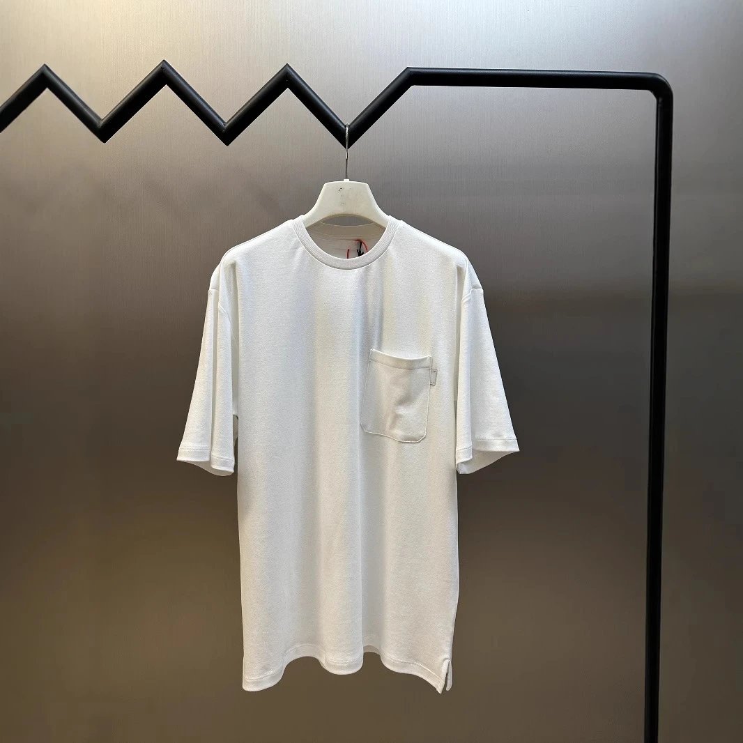 2025 New Prada Label Pocket Minimalist Solid Color Short Sleeve T-shirt Base Layer Unisex