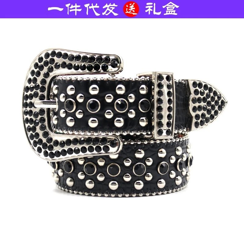 Women's Men's Fashion Rhinestone Belt with Engraved Flower Silver Buckle, Western Cowgirl Hollow Cross Rivets Punk Black Crystal Leather Belt for Jeans