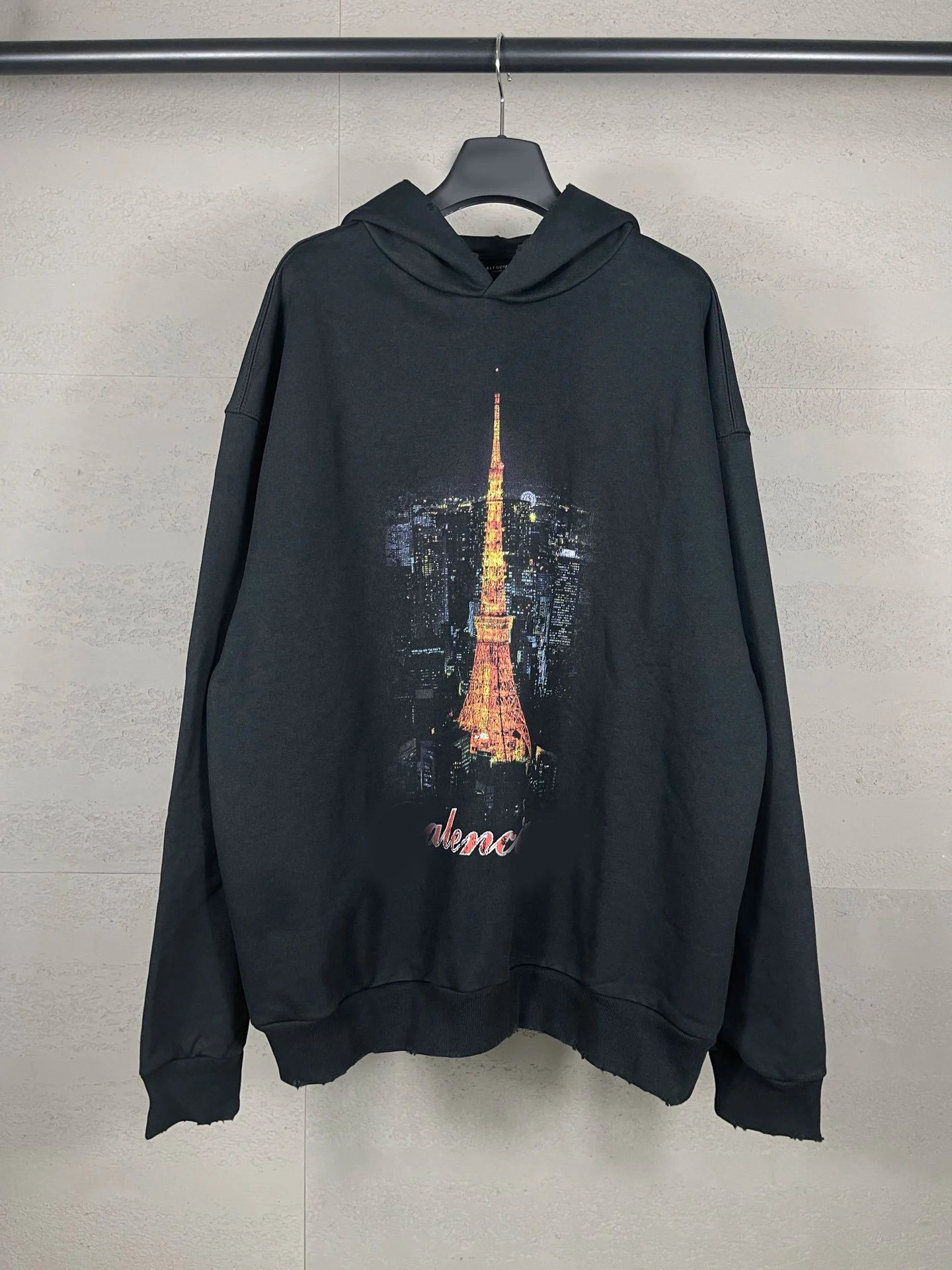 Balenciaga New Tokyo Tower Print Distressed Pullover Hoodie Unisex Loose Hooded Sweatshirt