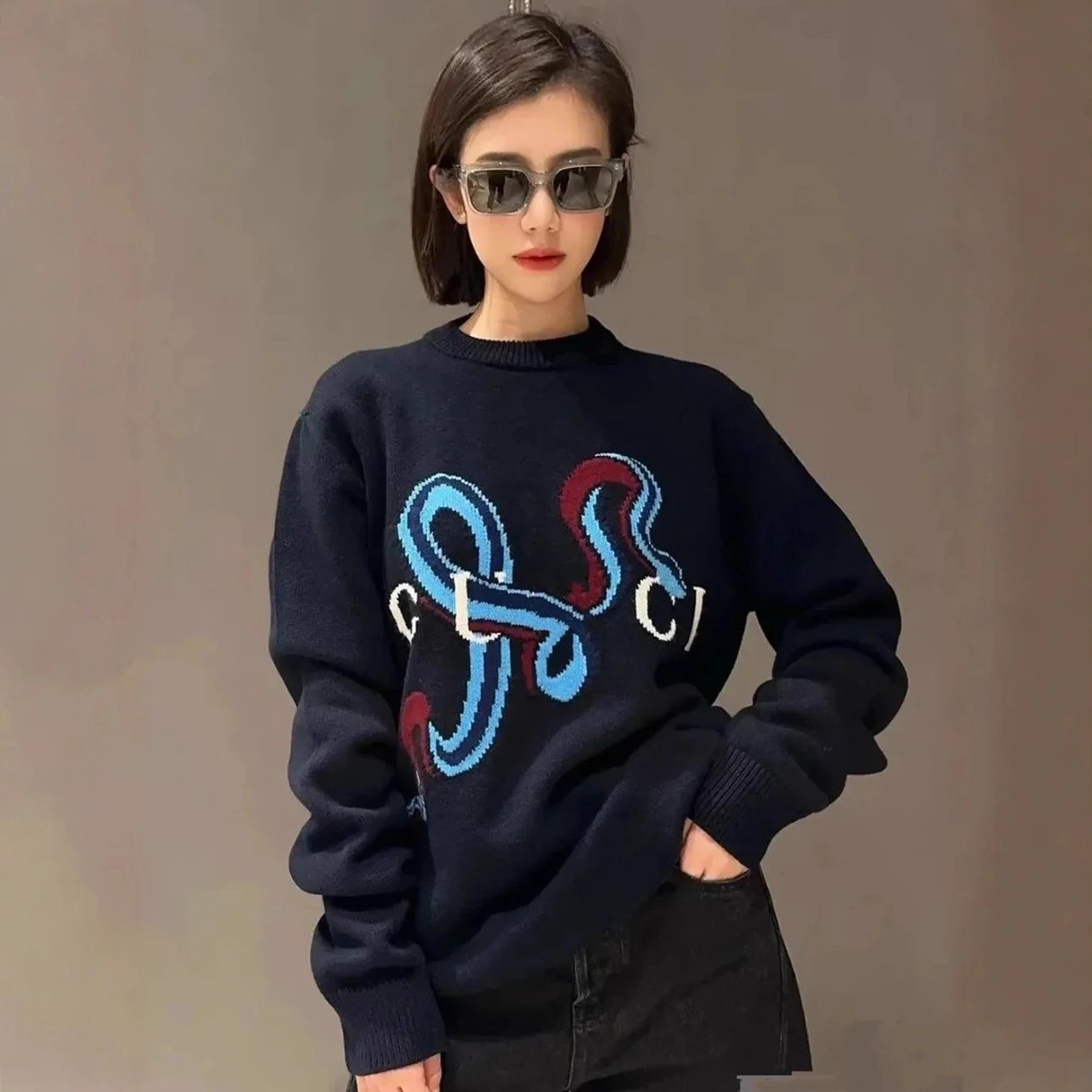Gucci style snake year limited edition fortune snake guide inlaid wool crewneck sweater men's and women's