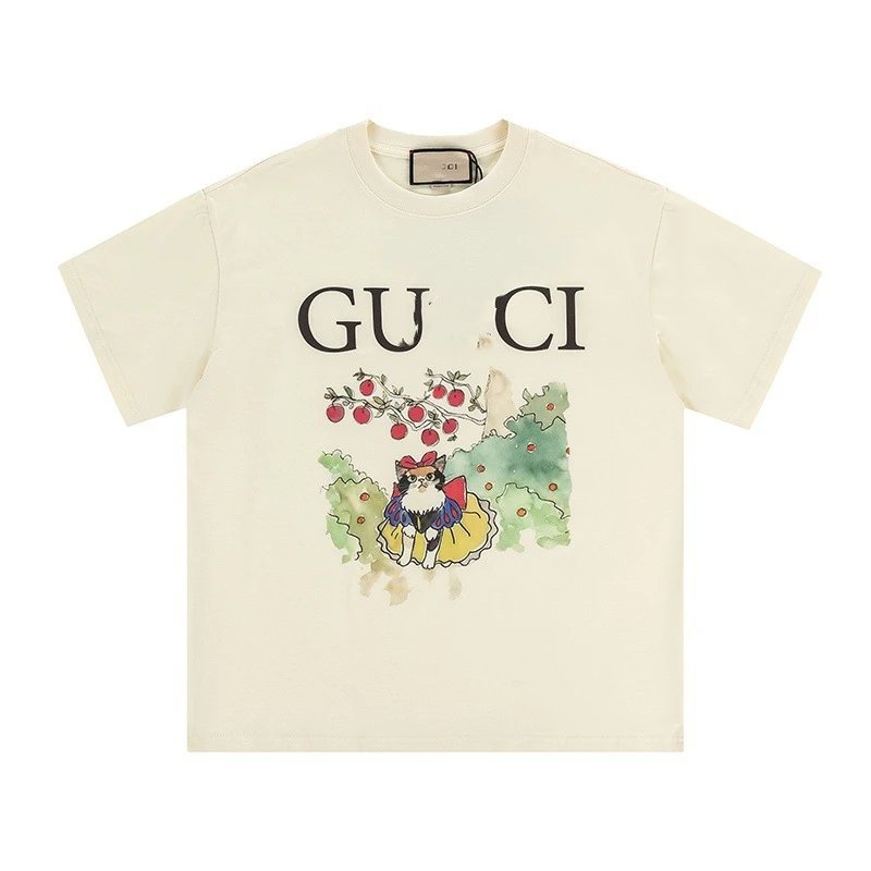 New Gucci Cartoon Series Cat Print Minimalist Solid Color Short Sleeve T-shirt Unisex-1