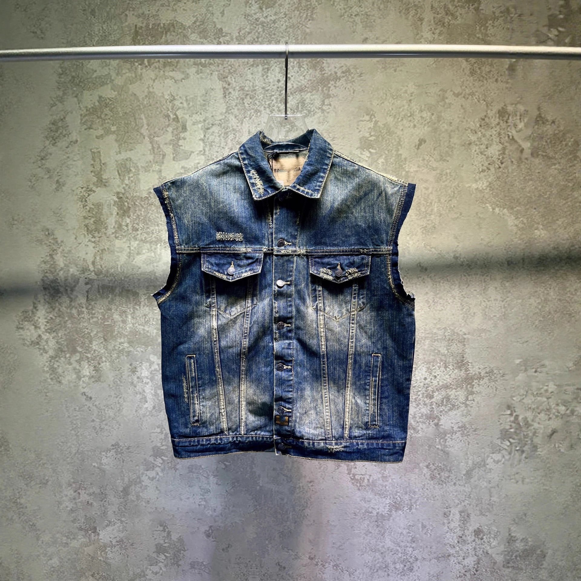 2025 New Balenciaga Distressed Hole Loose Fit Denim Vest Jacket