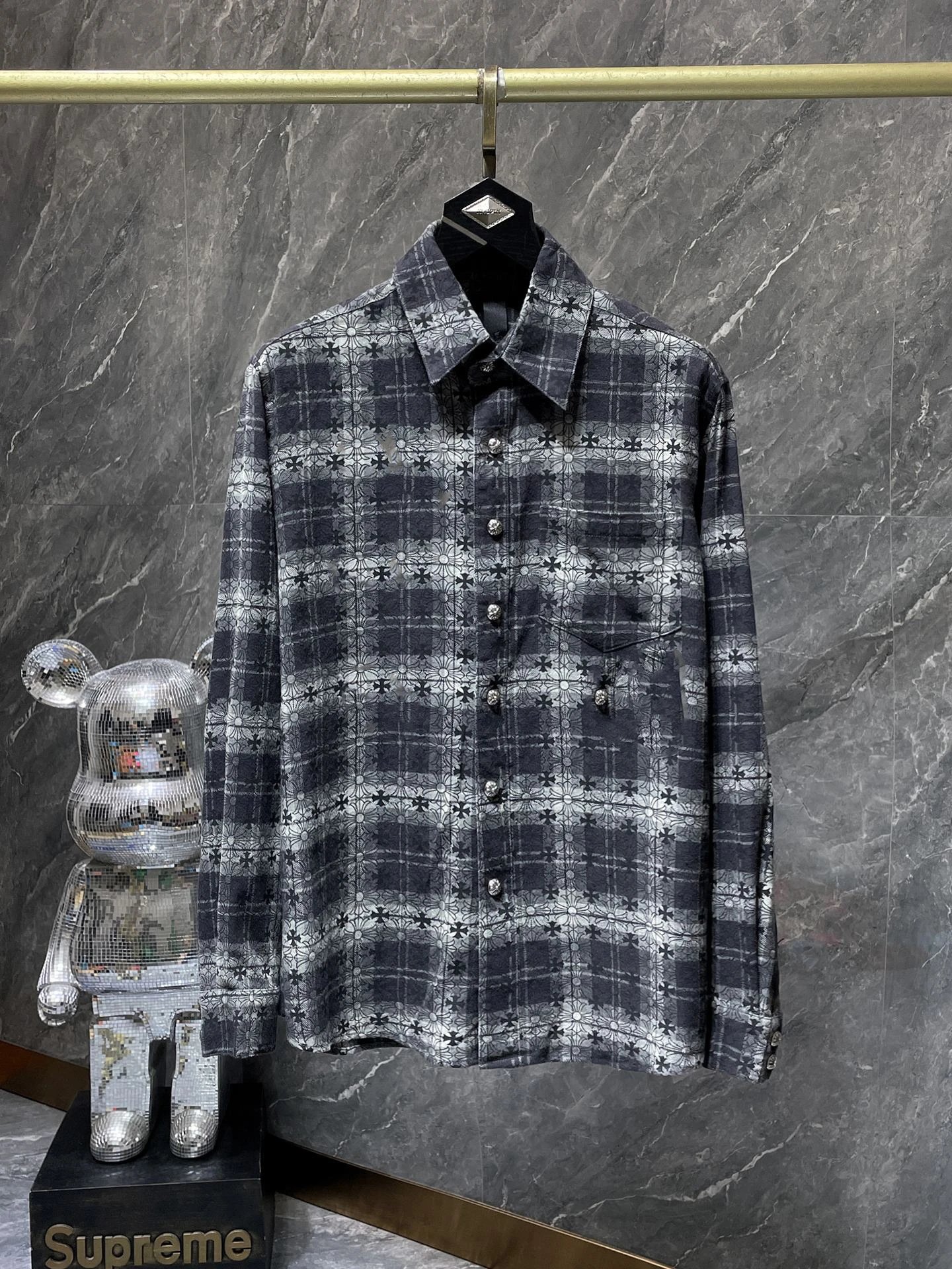 2024 Chrome Hearts Leather Patch Cross Hidden Pattern Print Plaid Long Sleeve Shirt Loose Casual Unisex Style Celebrity Same Style