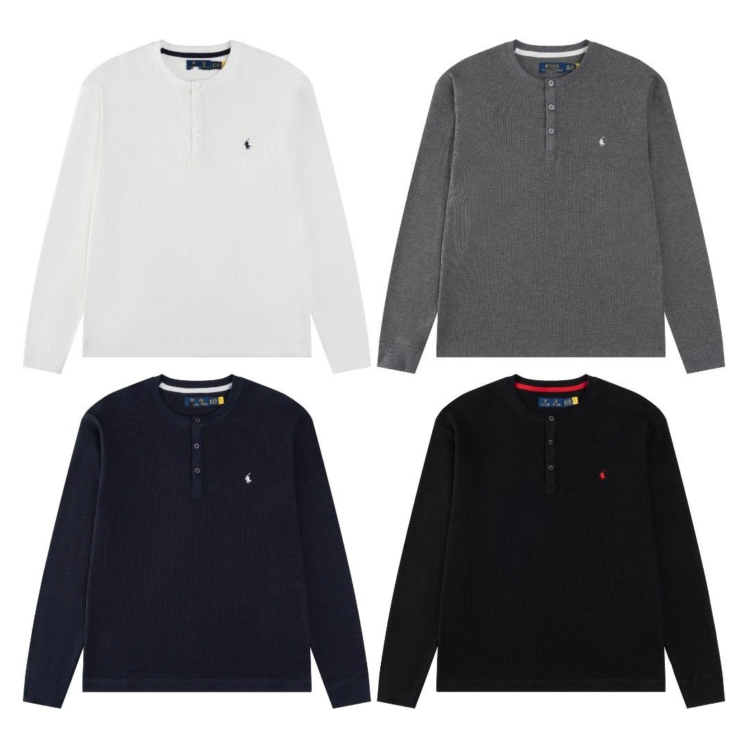 Ralph Lauren small horse classic embroidery LOGO solid color henley collar open chest button sweatshirt men's and women's