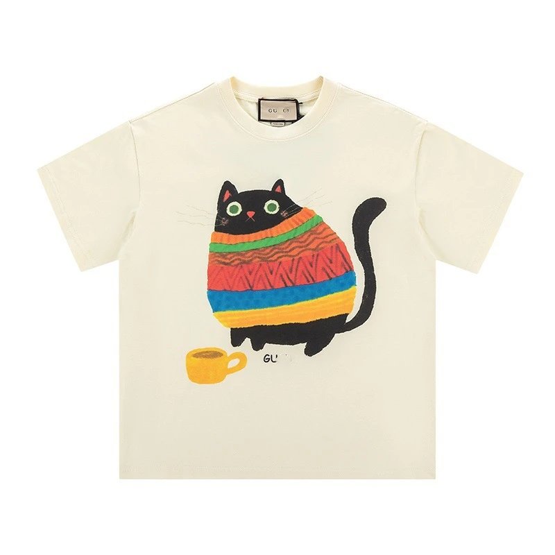 New Gucci Cartoon Series Cat Print Minimalist Solid Color Short Sleeve T-shirt Unisex