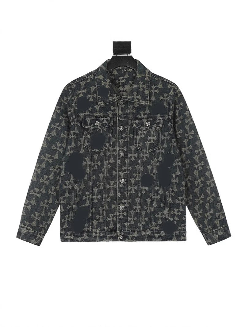 24CH Double-sided Full Logo Jacquard Shadow Pattern Heavy Work Full Print Denim Jacket Unisex Couple Trendy