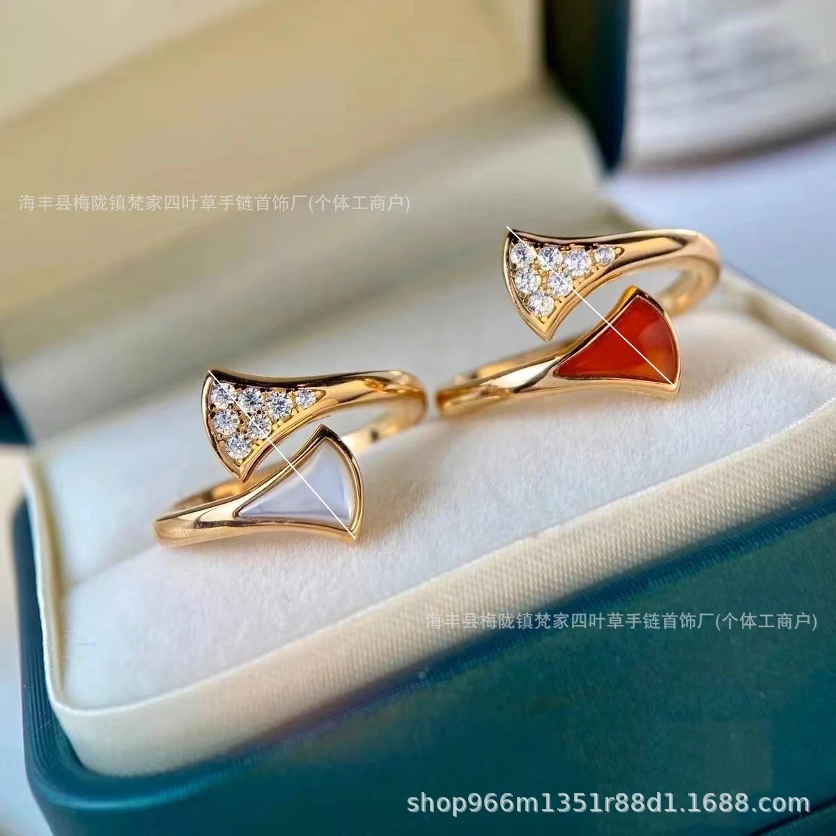 Precision Edition Bvlgari Fan-shaped Ring for Women, Sterling Silver Luxury 18K Rose Gold White Mother-of-Pearl Red Carnelian Little Skirt Band