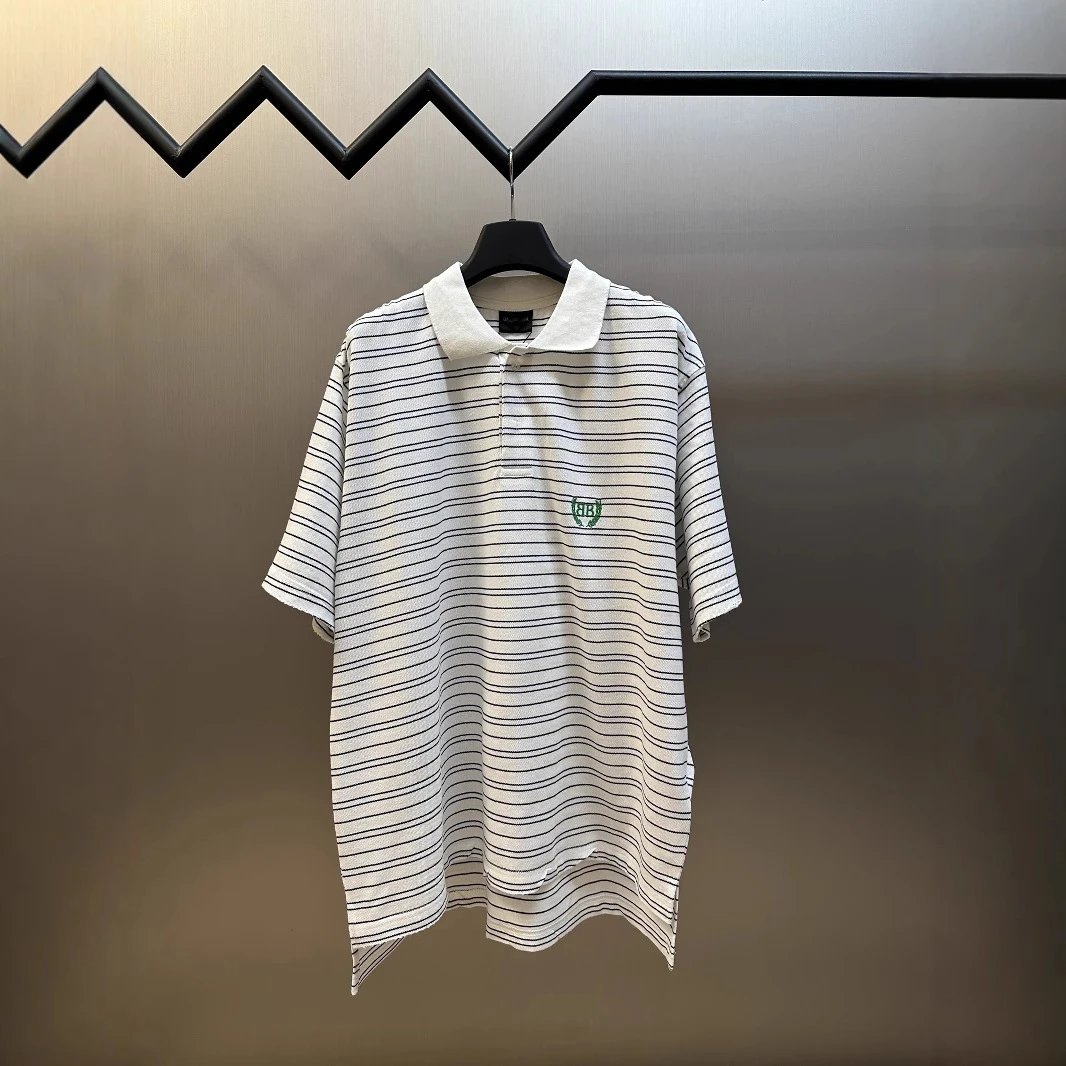 Balenciaga Wheat Embroidery LOGO Stripe Polo Shirt Loose Short Sleeve T-shirt Unisex